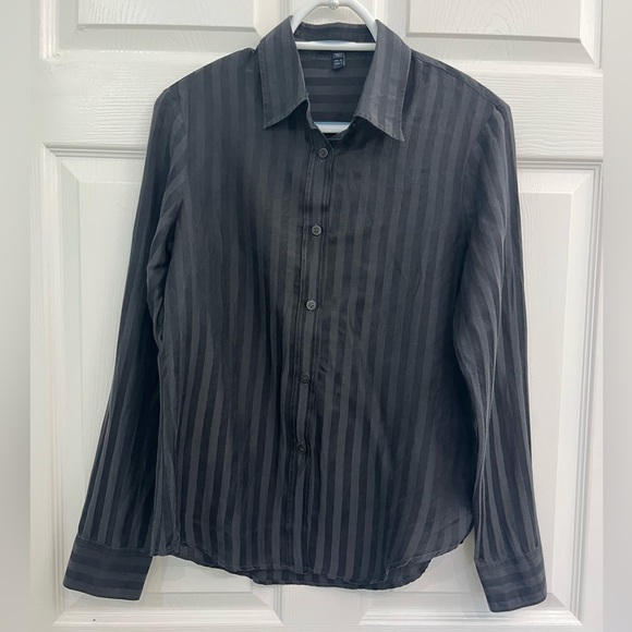 Burberry Womens 12 Black & Charcoal Grey Cotton/Silk Striped Button Down Blouse - Picture 1 of 10